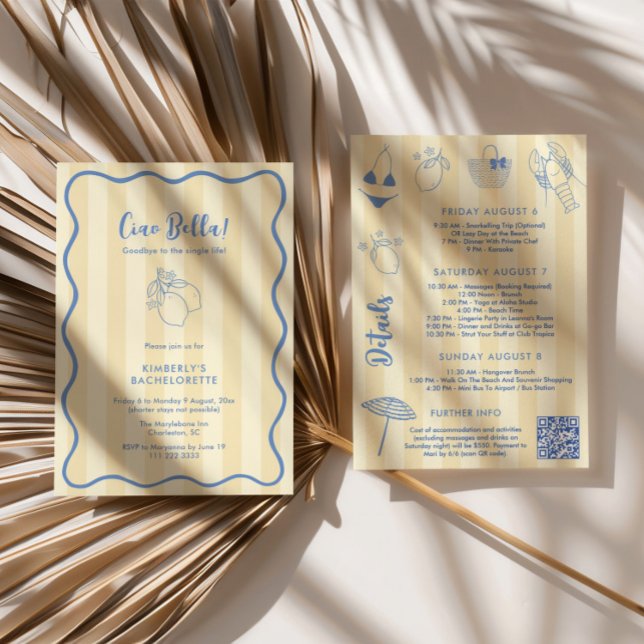 Convite Fim de Semana de Bachelorette de Fronteira do Cina (Ciao Bella Yellow Stripes Blue hand-drawn doodles lemons amalfi bachelorette weekend invitation)