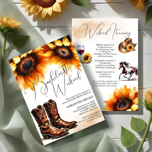 Convite Fim de Semana de Bachelorette de Girassol Amarelo (Bachelorette weekend itinerary invitations country sunflowers, cowboy boots, hat, horse and wine art)