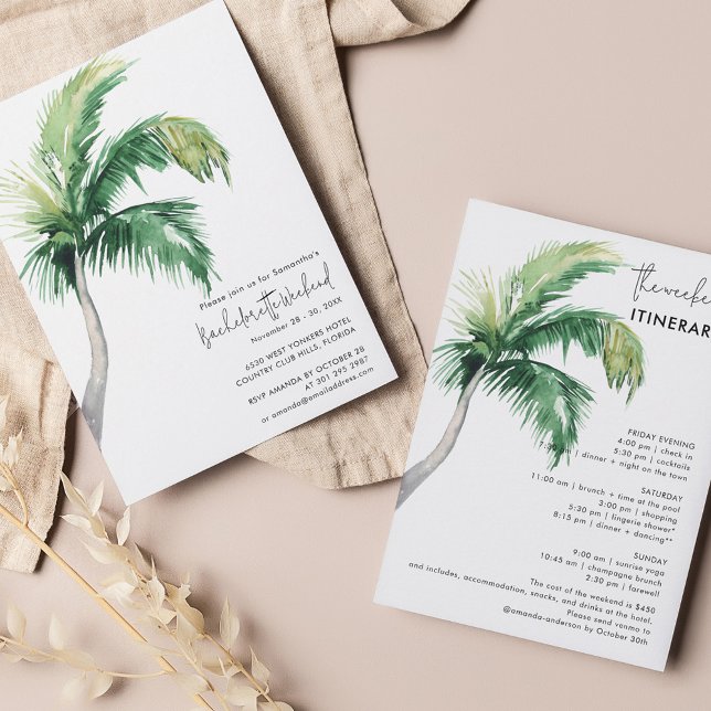 Convite Fim de Semana de Bachelorette e Itinerário (Coastal Palm Tree Watercolor Bachelorette Party Invitation)