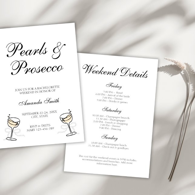 Convite Fim de Semana de Bachelorette Elegante de Pérolas  (Pearls & Prosecco Elegant Bachelorette Weekend Invitation)