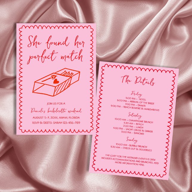 Convite Fim de Semana de Bachelorette Rosa Correspondente  (Hand Drawn Perfect Match Pink Bachelorette Weekend Invitation)