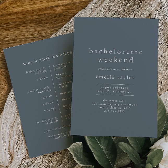 Convite Fim de Semana de Bachelorette Simples Azul - Marin (EMELIA Boho Navy Blue Simple Bachelorette Weekend Invitation)