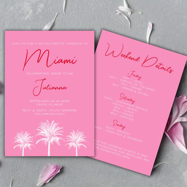 Convite Fim de Semana de Bachelorette Tropical de Miami (Miami Tropical Palms Bachelorette Weekend Invitation bold pink and red)