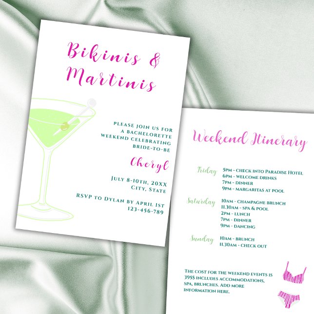 Convite Fim De Semana De Bikinis E Martinis Bachelorette (bikinis and martinis bachelorette party invitation vibrant pink and green weekend itinerary)