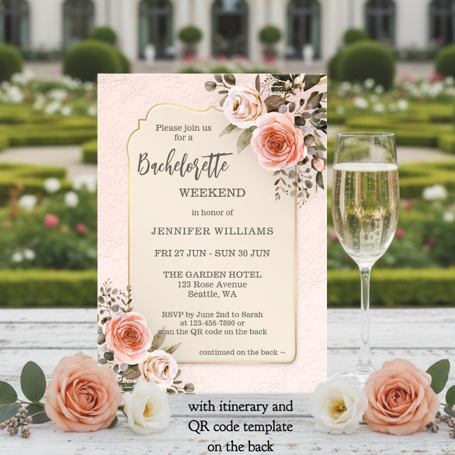 Convite Fim de semana de despedida de solteira com rosas c (Bachelorette weekend itinerary invitation featuring blush pink watercolor roses on retro chic)