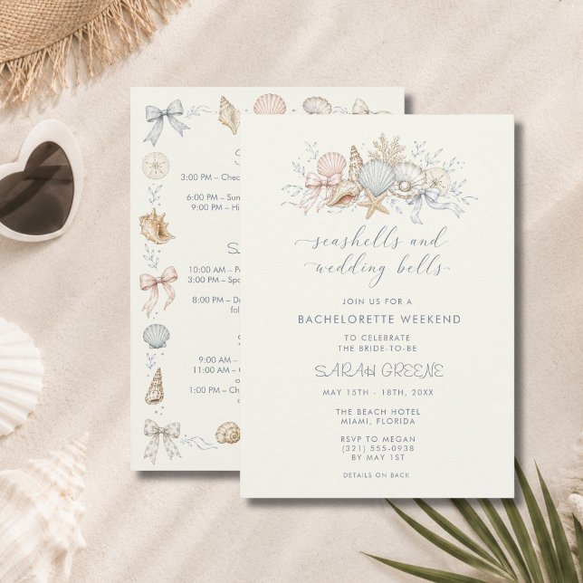 Convite Fim de Semana de Despedida de Solteira Conchas e S (Seashells and Wedding Bells Bachelorette Weekend Invitation)