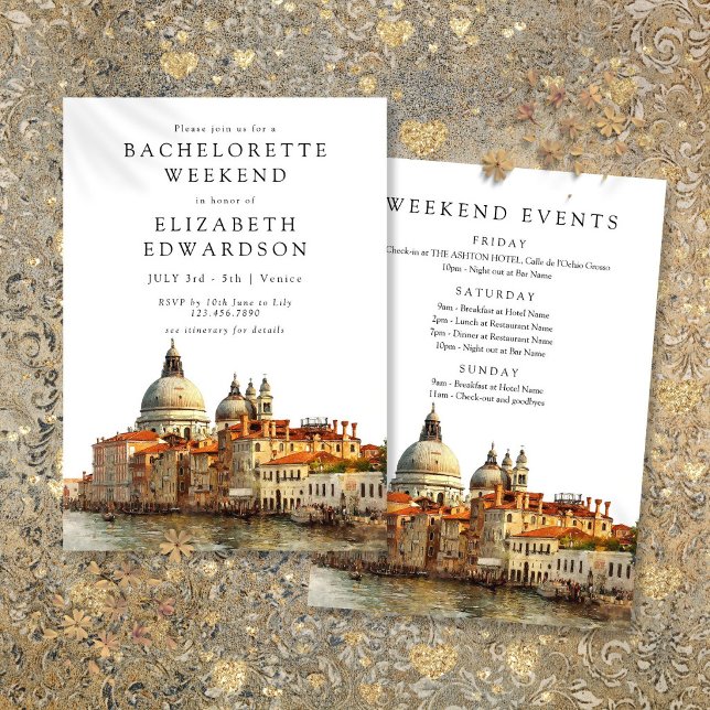 Convite Fim de Semana de Despedida de Solteira em Veneza c (Venice Skyline Watercolor Bachelorette Weekend Invitation)