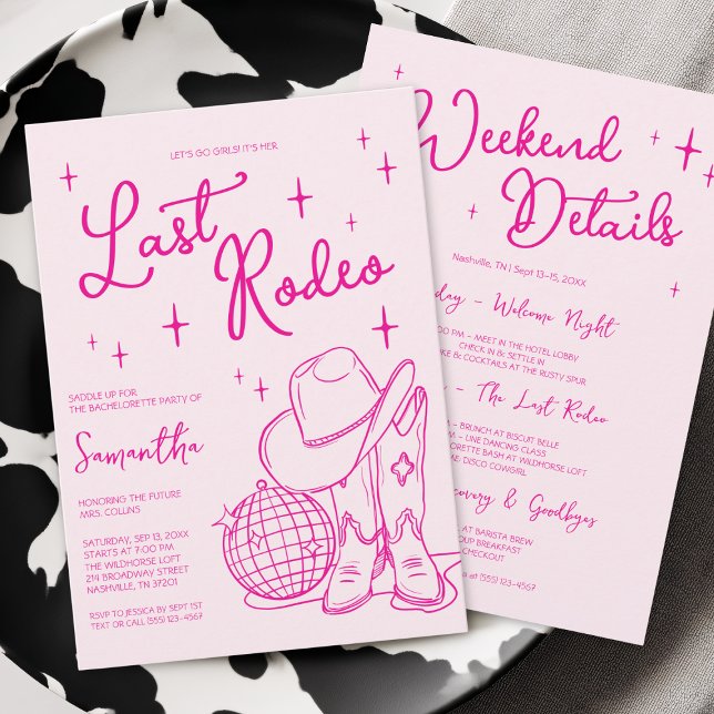 Convite Fim de semana de despedida de solteira Pink Nashvi (Pink Cowgirl Last Rodeo Bachelorette Party Weekend Invitation)