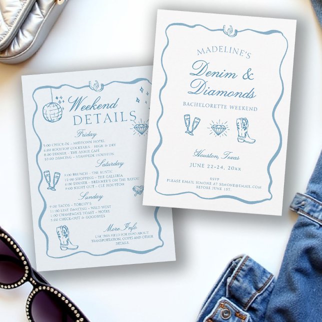 Convite Fim de Semana de Escrevendo de Bachelorette de Our (denim diamonds bachelorette itinerary invitation hand written drawn cowgirl frame bow blue white)