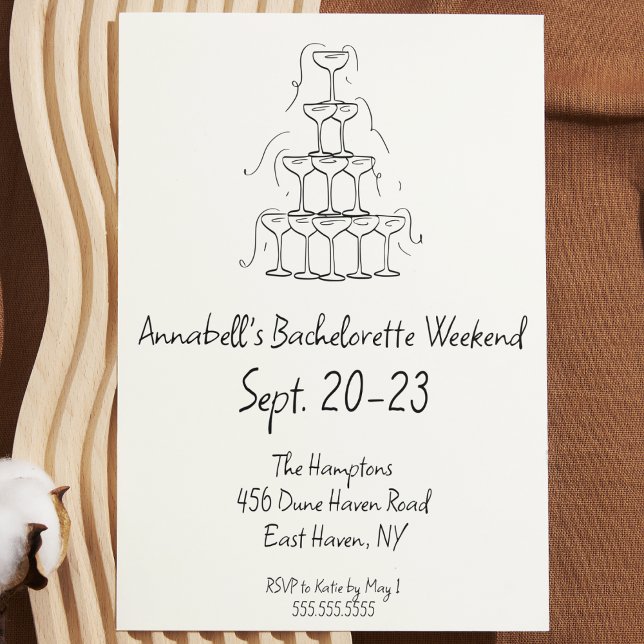 Convite Fim de Semana de Festa de solteira de Champanhe De (hand drawn bachelorette party invitation black and white Champagne glass tower modern simple cute)