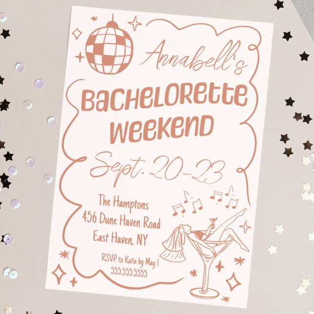 Convite Fim de Semana de Festa de solteira de Disco Desenh (hand drawn pink bachelorette party weekend invitation disco champagne theme cute doodle sketch)