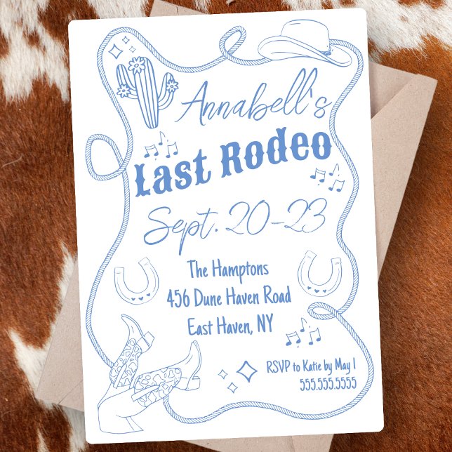 Convite Fim de Semana de Festa de solteira Desenhada da Mã ("Last rodeo" cowgirl bachelorette party invitation hand drawn cute cowboy boots weekend itinerary )