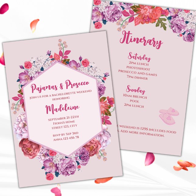 Convite Fim De Semana De Pajamas E Prosecco Floral (pajamas and prosecco pj's and prosecco bachelorette party invitation weekend itinerary floral pink)