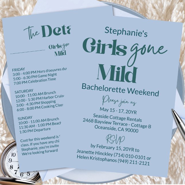 Convite Fim de Semana de Praia de Despedida de Solteira Az (Customizable Girls Gone Mild Modern Teal Blue Bachelorette Spa Weekend Itinerary Invitation)
