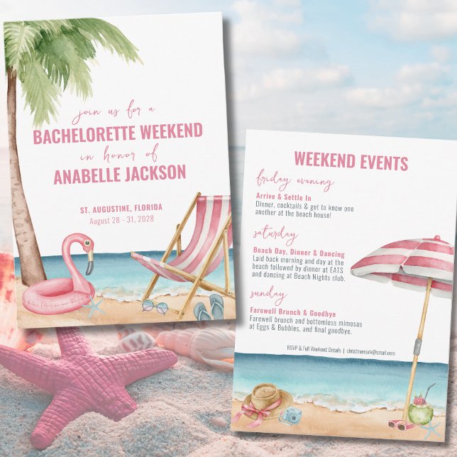 Convite Fim de Semana de Solteira na Praia de Verão (Watercolor Beach Destination Bachelorette Weekend Invitation)