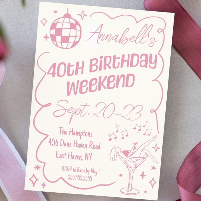 Convite Fim de Semana do aniversário de 40 anos de Disco R (Pink cute hand drawn doodle 40th birthday girls weekend itinerary invitation disco party pink)