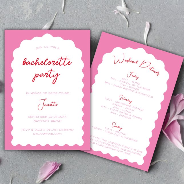 Convite Fim De Semana Do Bachelorette Moderno Vermelho E R (Wavy Arch Pink And Red Modern Bachelorette Weekend Invitation)