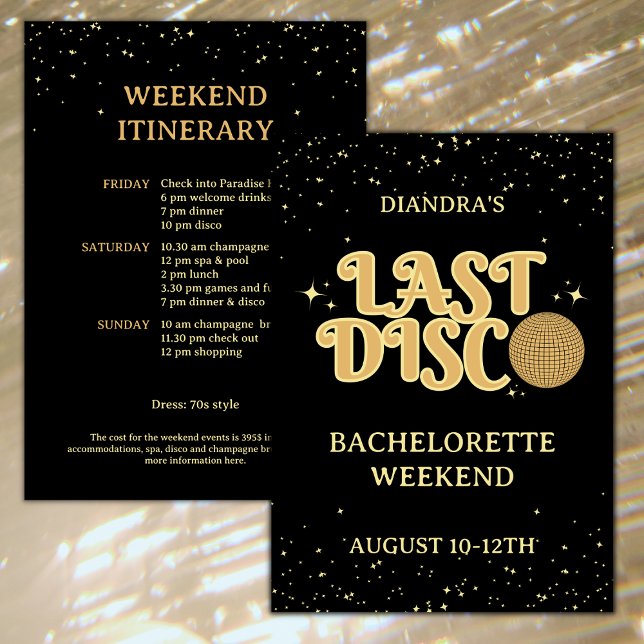 Convite Fim de Semana do Último Descote Retroativo da Bach (Last disco golden glitter bachelorette weekend invitation with itinerary retro font )