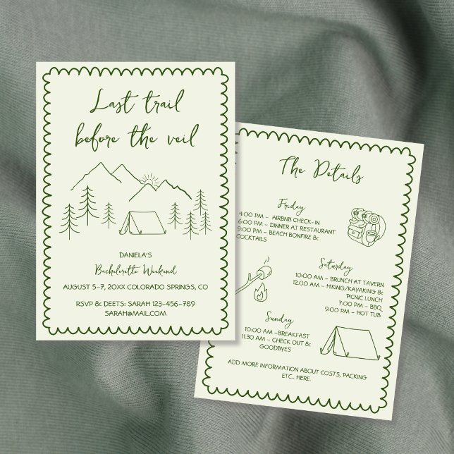 Convite Fim de Semana do Último Trilho de Campanha de Mão  (Last Trail Camping Hand Drawn Bachelorette Weekend Invitation)