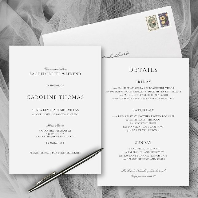 Convite Fim de Semana Simples de Bachelorette Elegante com (This simple, elegant bachelorette weekend invitation provides plenty of room for all the fun details)