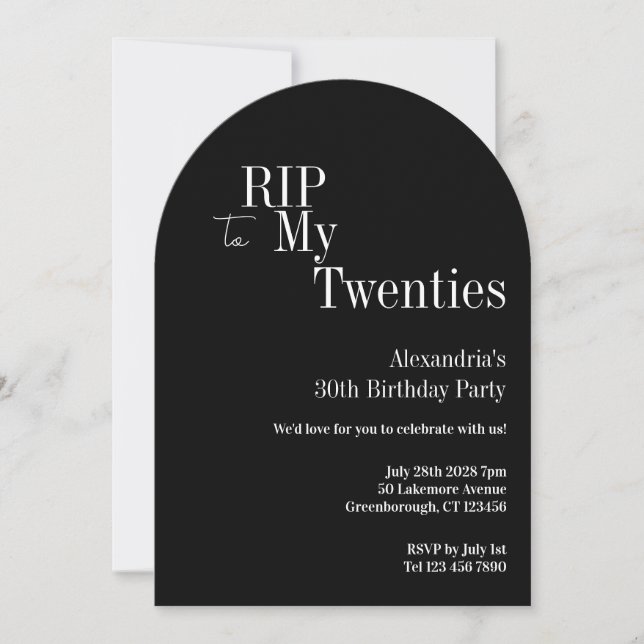 Convite Fim dos 20 anos, festa de 30 anos em preto e branc (Frente)