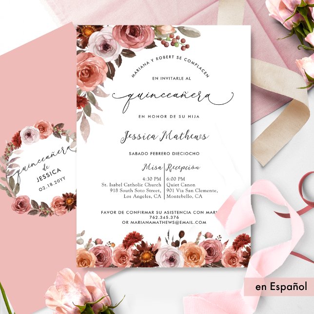 Convite Fina Invitación Con Flores En Rosa De Quinceañera (Criador carregado)