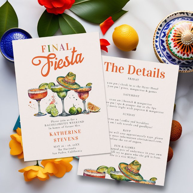 Convite Final de semana Fiesta Margaritas Bachelorette (final fiesta bachelorette bridesmaids weekend invitation itinerary margarita tequila colorful classy)