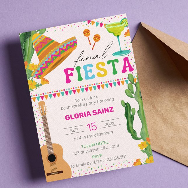Convite Final Fiesta Festa de solteira vibrante mexicana (Criador carregado)