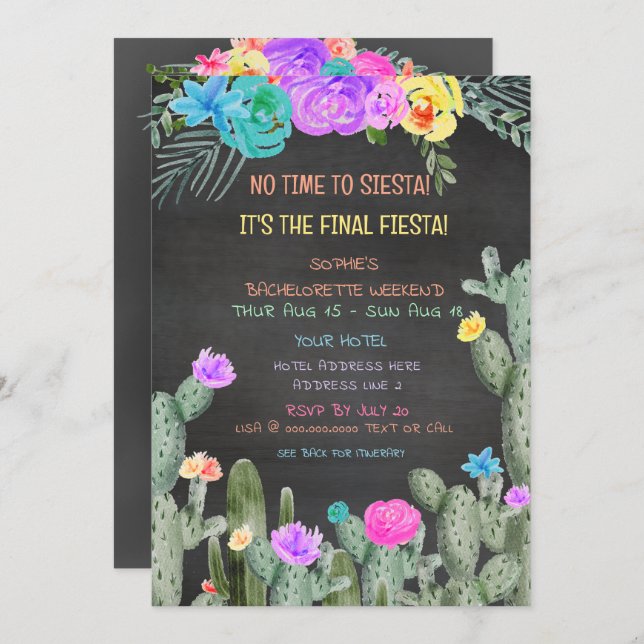 Convite Final Fiesta Itinerary Bachelorette Party  (Frente/Verso)