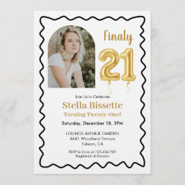 Convite Finally 21 | Modern Gold Balloon Photo Birthday