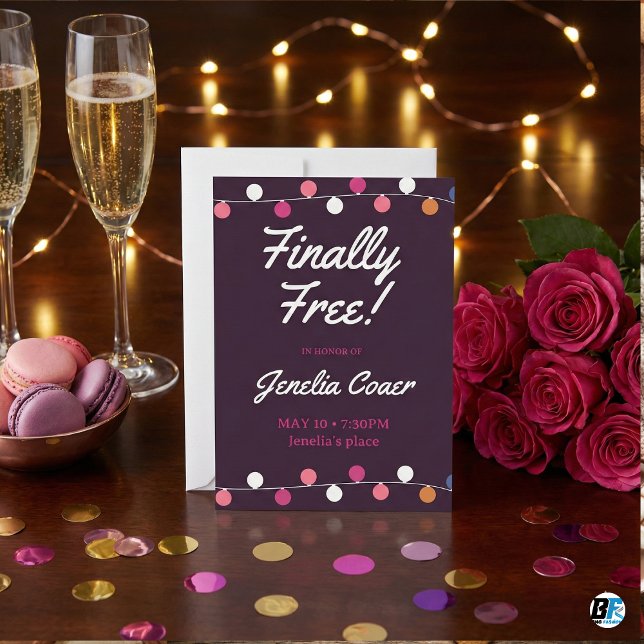 Convite Finally Free String Lights Purple Divorce Party (Criador carregado)