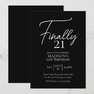 Convite Finalmente, 21 aniversário de 21 anos preto e bran