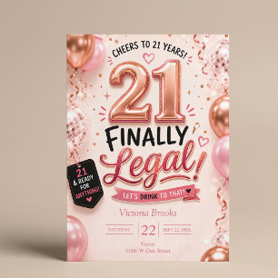 Convite Finalmente Legal Aniversário de 21 anos Festa Rosa