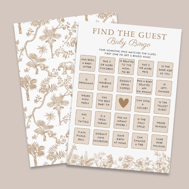 Convite Find The Guest Baby Shower Safari Bingo Game Card (Find The Guest Baby Shower Safari Bingo Game Card)