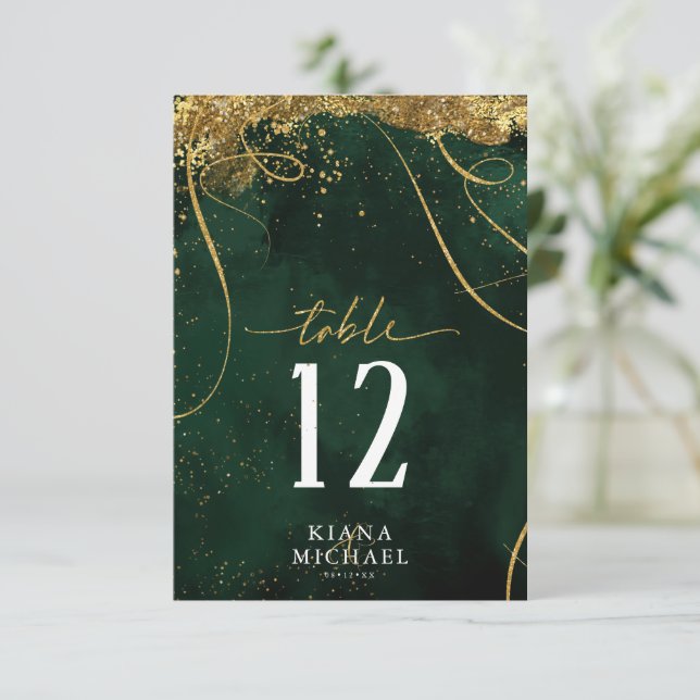 Convite Fine Lines Dourado Abstrato Wedding Emerald ID867 (Em pé/Frente)