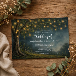 Convite Fio de luzes de árvore rústica casamento noturno n