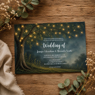 Convite Fio de luzes de árvore rústica casamento noturno n