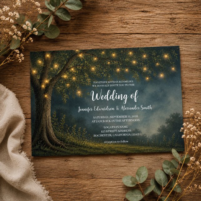 Convite Fio de luzes de árvore rústica casamento noturno n (Rustic tree string of lights night country wedding invitation. For your rustic country wedding.)