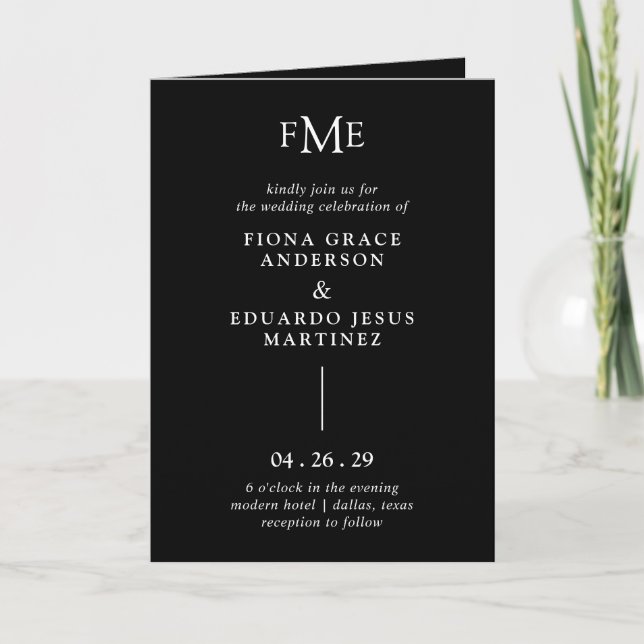 Convite Fiona Black Bold Monograma Casamento Moderno (Frente)
