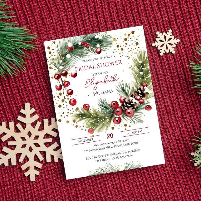 Convite Fios vermelhos de chá de panela de inverno (Winter bridal shower editable template invitation digital download watercolor pine red berry wreath)