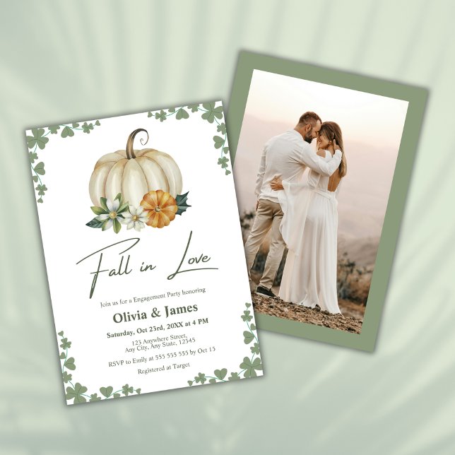 Convite Fique Apaixonado Festa de Noivado em Sage Verde Ab (Fall in Love Pumpkin Sage Green Engagement Party Invitation  )