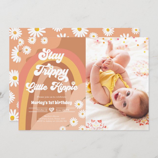 Convite Fique Trippy Hippie Retro Daisy Birthday Inv (Frente/Verso)