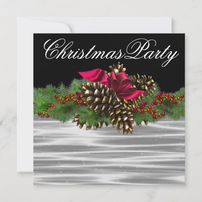 Convite Fir Bough Pinecone Red Black White Christmas Party (Frente)