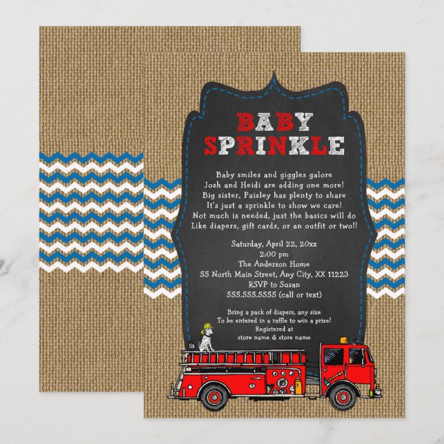 Convite Fire Truck Baby Sprinkle, chá de fraldas (Frente/Verso)