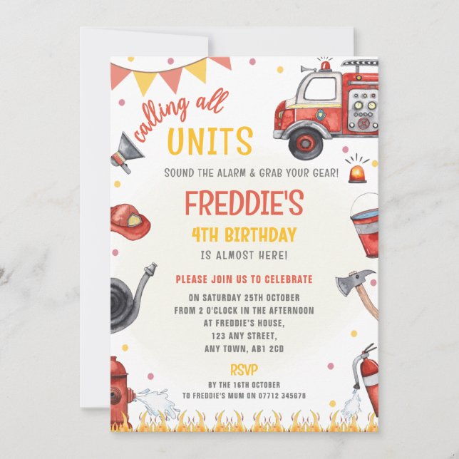 Convite Fire Truck Birthday Invitation - Sound the Alarm  (Frente)