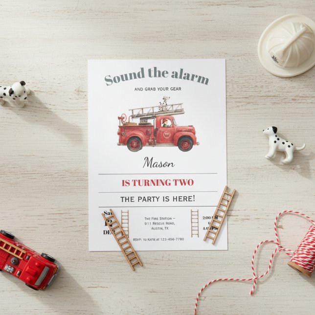 Convite Fire Truck Birthday Invitation Sound the Alarm (Fire truck birthday invitation with red firefighter theme and sound the alarm design)