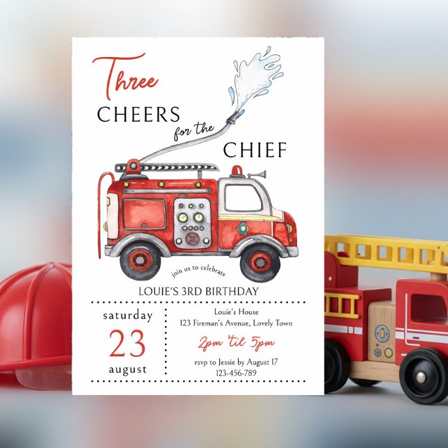 Convite Fire Truck Three Cheers Chief 3rd Birthday (3rd Birthday invitation with "three cheers for the chief" red fire truck theme)
