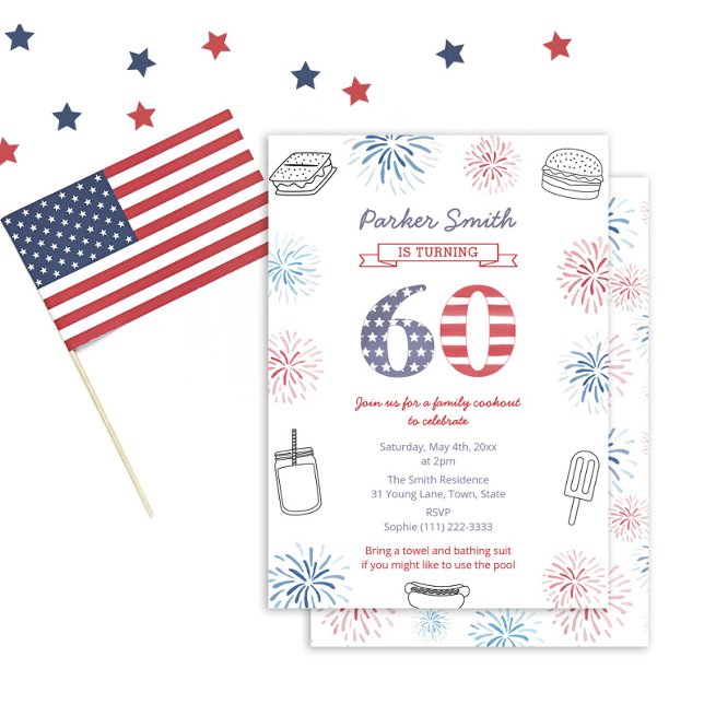 Convite Firecracker Red White e Blue 60th Festa de anivers (Stars And Stripes 60th Birthday Party Invitation For Backyard Cookout Party on July 4th Weekend)
