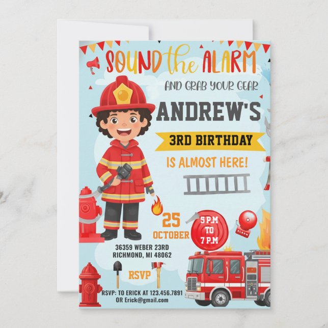 Convite Firefighter Birthday invitation with photo (Frente)