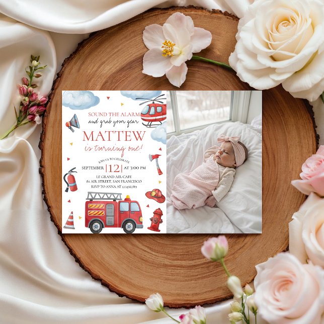 Convite Firetruck Birthday Invite With Photo (Criador carregado)